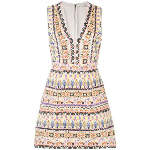 Alice & Olivia Patty Embellished Aline Dress - 2 Cream/Multi